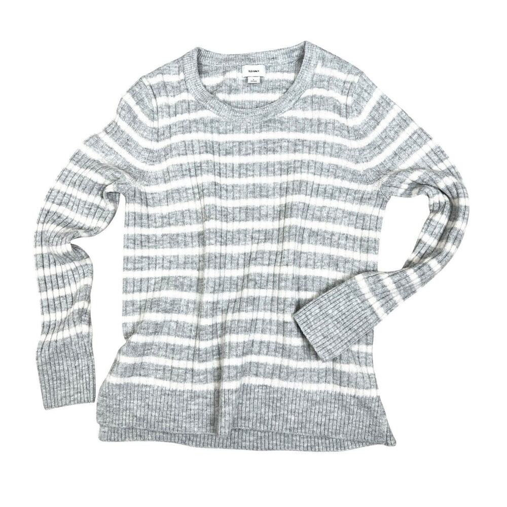 Womens Old Navy Sweater Large Gray White Stripe Silver Metallic Pullover Comfy